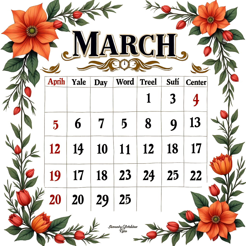 March 2023 Calendar with Floral Design